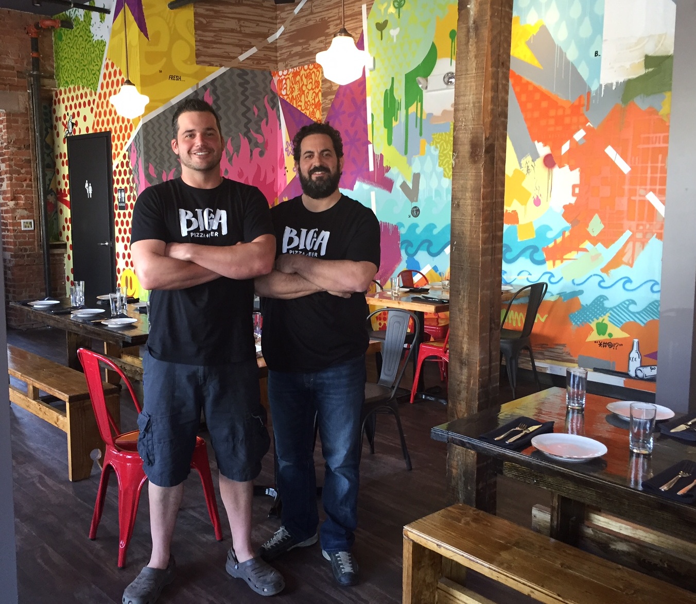 Top chefs at the new Biga: former Alba sous chef Steve Fulmer and Alba chef-owner Sean Weinberg. The space is industrial/grunge cool: exposed brick walls, hand-made trestle tables and a killer mural by Philly artist Ntel. 