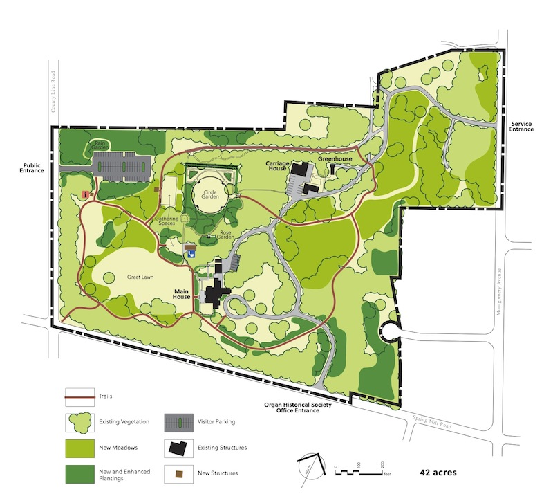 Natural Lands Trust's site plan for the future Stoneleigh, 42 acres to be preserved as green space in perpetuity, thanks to the Haas children. 