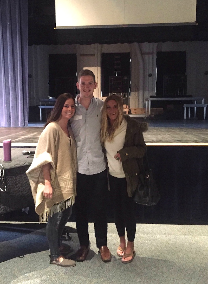 Drew poses with Merion Mercy Academy 2012 alums Bonnie McShane and Kelsey Dougherty after his April 7 speech at the school, his first visit to MMA on behalf of Minding Your Mind.