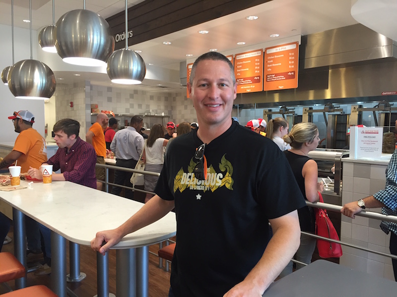 CEO David Sloan at at the just-opened Naf Naf Grill in the new King of Prussia Town Center. With an open kitchen and bakery and meat roasted and cut in front of you, there are “no surprises,” he says. 