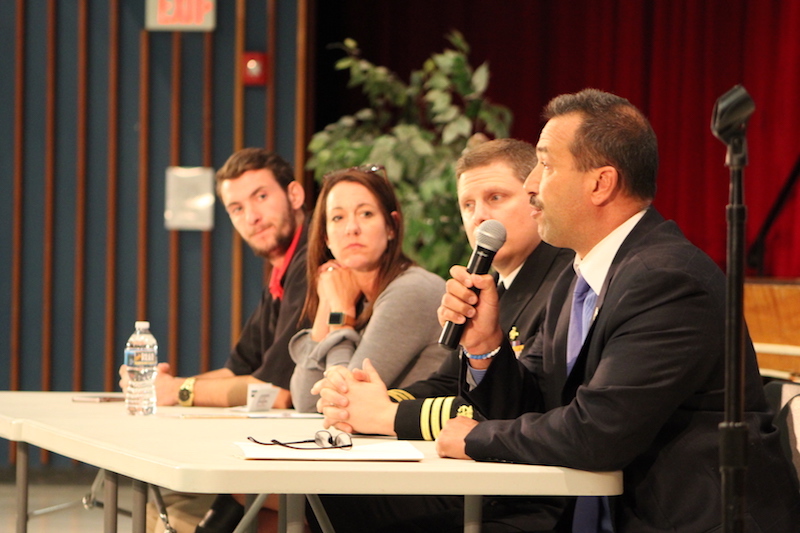Discussing youth addiction at T/E Middle School were (l to r) recent Stoga grad Nicolas Portonova, in recovery for nearly a year; Christina Madeira, VP of Hospital Operations for Recovery Centers of America, Trefyffrin Police Public Information Officer Todd Bereda and Dr. Matthew Febbo, pharamacist with US Public Health Service. 