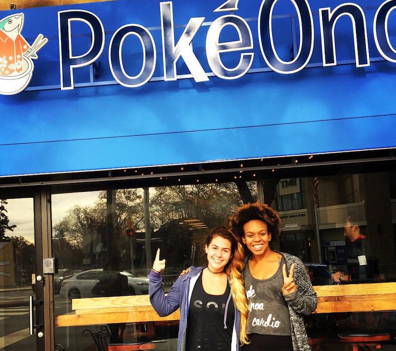 Maddie and Sabine from nearby SoulCycle give the new PokeOno the thumbs up. 
